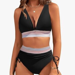 V-neck high waisted color block two-piece. NWT